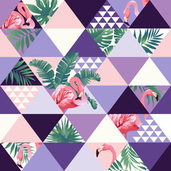 Naklejka premium Egzotyczna plaża modny wzór, ilustrowany patchwork kwiatowy wektor tropikalnych liści bananowca.