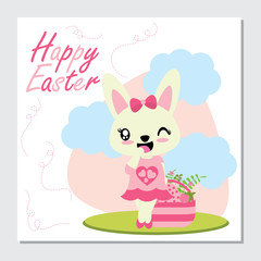 Cute bunny girl with a basket of egg vector cartoon illustration for Easter card design, postcard, and wallpaper