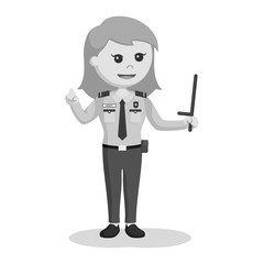 Security officer woman with baton stick black and white style