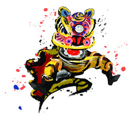 An isolated jumping Chinese lion in various colors and presented in splashing ink drawing style. Vector.