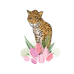 Retro style Illustration with flowers and animal