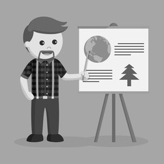 Lumberjack giving presentation about logging black and white style