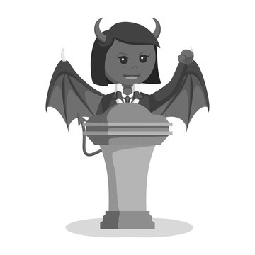 Devil businesswoman giving speech black and white style