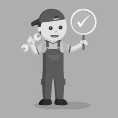 Mechanic with checklist sign indicate success repair black and white style