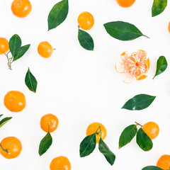 Round frame of citrus fruit on white background. Flat lay. Top view
