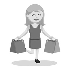 Happy girl with four shopping bags black and white style