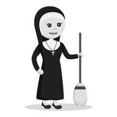 Nun holding broom illustration design black and white style