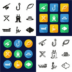 Fishing All in One Icons Black & White Color Flat Design Freehand Set