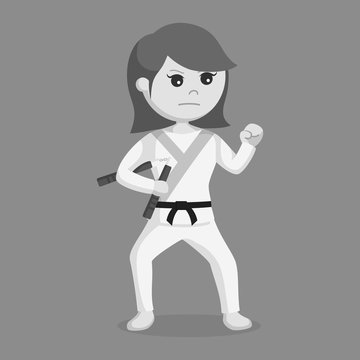 Karate woman holding nunchaku black and white style