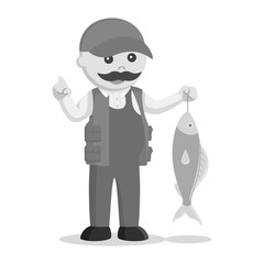 Fat fisherman holding fish black and white style