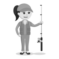 Fototapeta na wymiar Fisher woman holding fishing rod black and white style