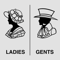 Toilet Sign in vintage style. lady and gentleman symbol. Vector silhouettes (for WC use for example). Black and white version