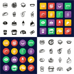 Fast Food Restaurant All in One Icons Black & White Color Flat Design Freehand Set