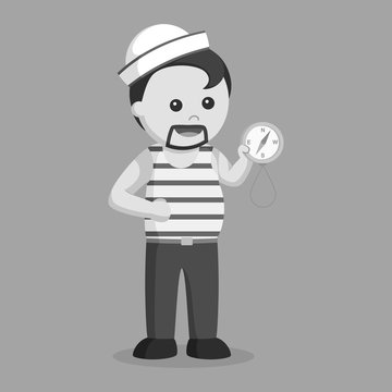 Fat sailor holding compass black and white style