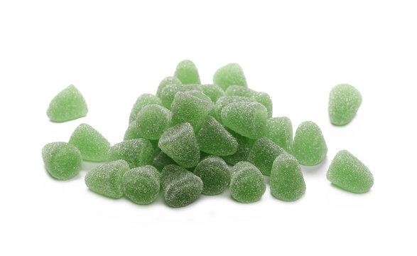 Green jelly, gummy sugar candies isolated on white background 