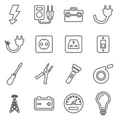 Obraz premium Electrician Tools & Equipment Icons Thin Line Vector Illustration Set