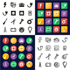 Electrician All in One Icons Black & White Color Flat Design Freehand Set