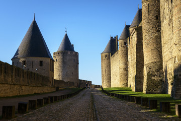 Fototapeta na wymiar Murallaas y torres en Carcassonne. Francia