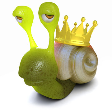 3d Funny cartoon snail with a gold crown on its shell
