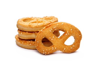 Salty handmade pretzels isolated on white background