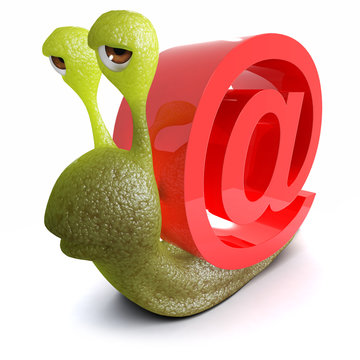 3d Funny cartoon snail with an internet email address symbol