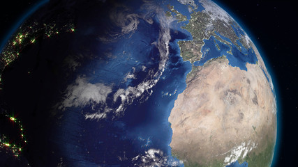 3D rendering Earth from space against the background of the starry sky. Shadow and illuminated side of the planet with cities