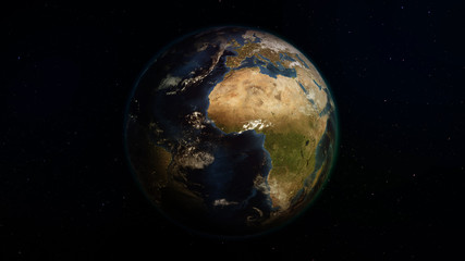 3D rendering Earth from space against the background of the starry sky. Shadow and illuminated side of the planet with cities