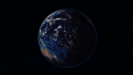 3D rendering Earth from space against the background of the starry sky. Shadow and illuminated side of the planet with cities