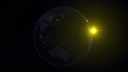 Plakat 3D rendering Earth from space against the background of the starry sky and the Sun. Shadow and illuminated side of the planet with cities. Through the atmosphere of the planet can be seen the sunrise