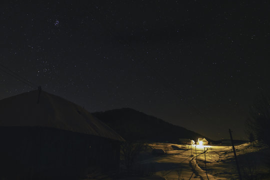 rural landscape with winter night sky