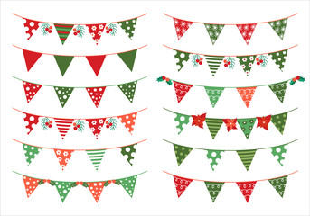 Christmas vector triangle bunting flags in green and red colors for invitations and greeting cards - 184674541