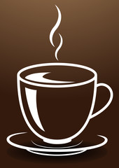 Hohe elegante Tasse mit heißem, dampfenden Getränk. Gemalt mit weißen Linien auf braunem Hintergrund.