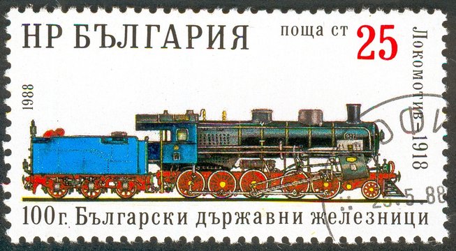 UKRAINE - circa 2017: A postage stamp printed in Bulgaria shows Steam Locomotive 1918, Series 100th anniversary Bulgarian state railways, circa 1988