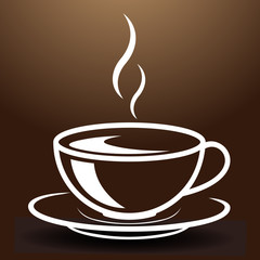 Breite Tasse mit heissem, dampfenden Getränk.  Gemalt mit weißen Linien auf braunem Hintergrund.