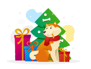 New Year vector flat illustration with yellow dog, gifts and Christmas tree. Merry Christmas card in colorful design isolated on white background with abstract elements and holiday mood