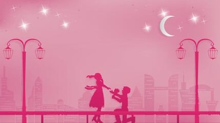 Will you marry me. Cute illustration with young couple for happy valentine`s day.Romantic paper art concept or paper cutting style,Artwork leave a free area on middle top for for note or quotation.