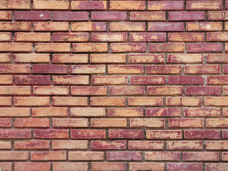 Background of old vintage dirty brick wall with peeling plaster, texture