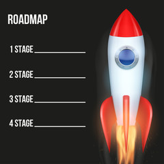 Business concept of timeline roadmap with rocket. Task execution plan in space road map style. Infographic for investors. Vector Illustration.