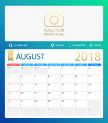 AUGUST 2018, illustration vector calendar or desk planner, weeks start on Sunday