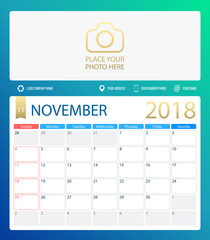 NOVEMBER 2018, illustration vector calendar or desk planner, weeks start on Sunday