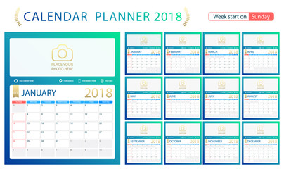English calendar planner for year 2018, week start Sunday. Set of 12 months, corporate design planner template, size A4 printable calendar templates.