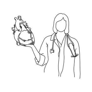 female doctor with stethoscope on her neck holding a human heart vector illustration outline sketch hand drawn with black lines isolated on white background. Medical concept.