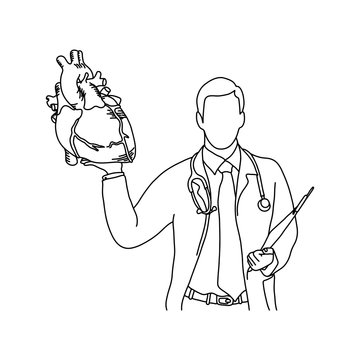male doctor with uniform and stethoscope on his neck holding a human heart vector illustration outline sketch hand drawn with black lines isolated on white background. Medical concept.