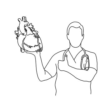 male doctor with operation uniform and stethoscope on his neck holding a human heart vector illustration outline sketch hand drawn with black lines isolated on white background. Medical concept.