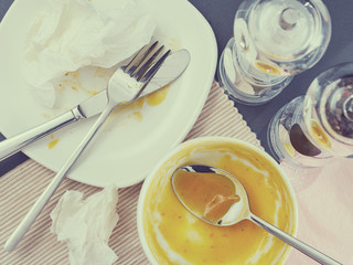 Dirty dish after eating. Toned image