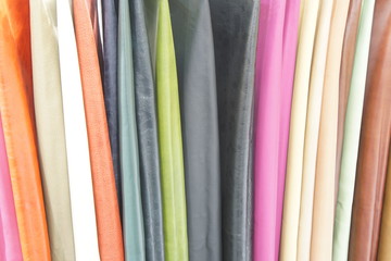 Color Swatches of leather cow hide in many style type in Row, Upholstery palette samples, Show in retail and trade fair to buyer around the world to buy difference type of surface and select pattern