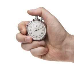 Male's hand holding stopwatch isolated on the white background
