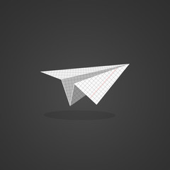 Origami glider icon. Paper airplane made from squared notebook sheet