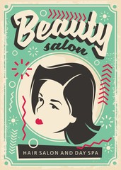 Beauty salon retro poster design with pretty young girl portrait. Comic style old fashioned banner design with Memphis style design elements.