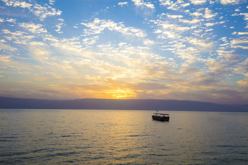 Beautiful Sea of Galilee in the morning. Sunrise over Kinneret - obrazy, fototapety, plakaty